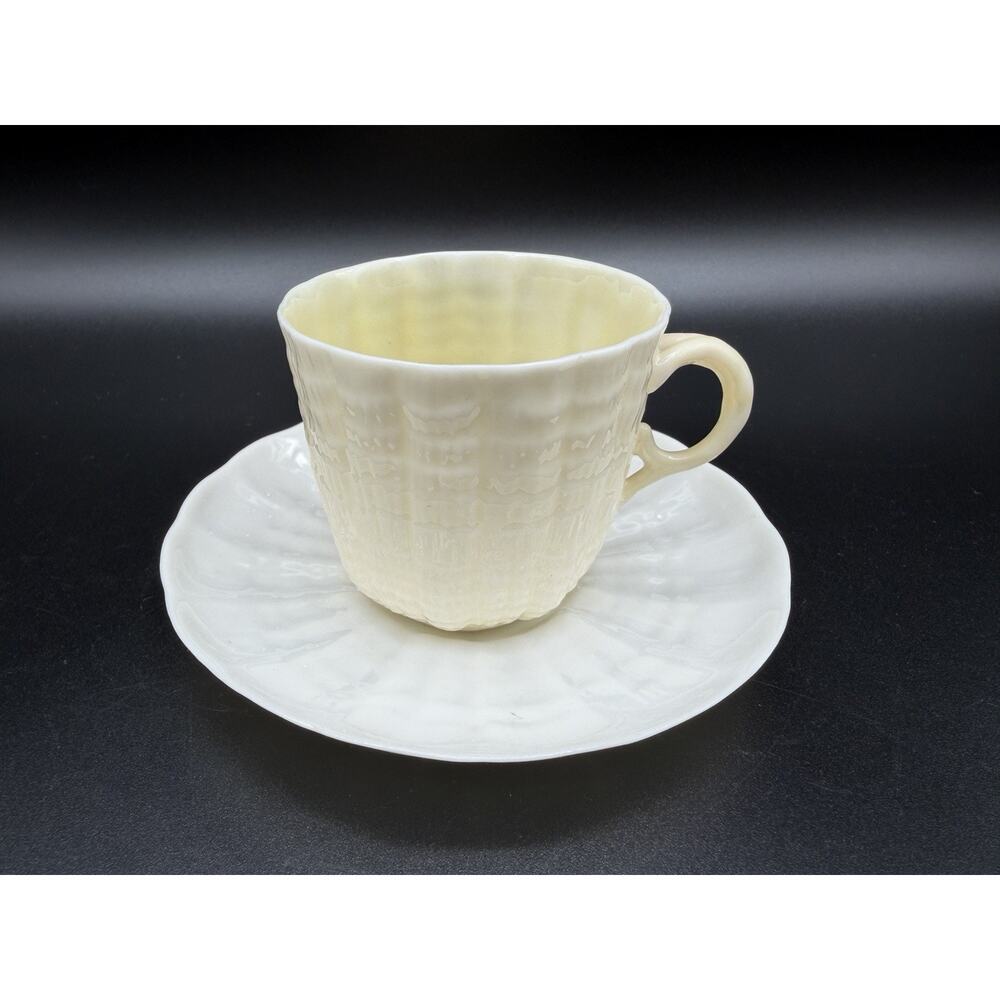Belleek Irish Porcelain Tridacna Demitasse Cup & Saucer 5th Green Mark 1955-1965